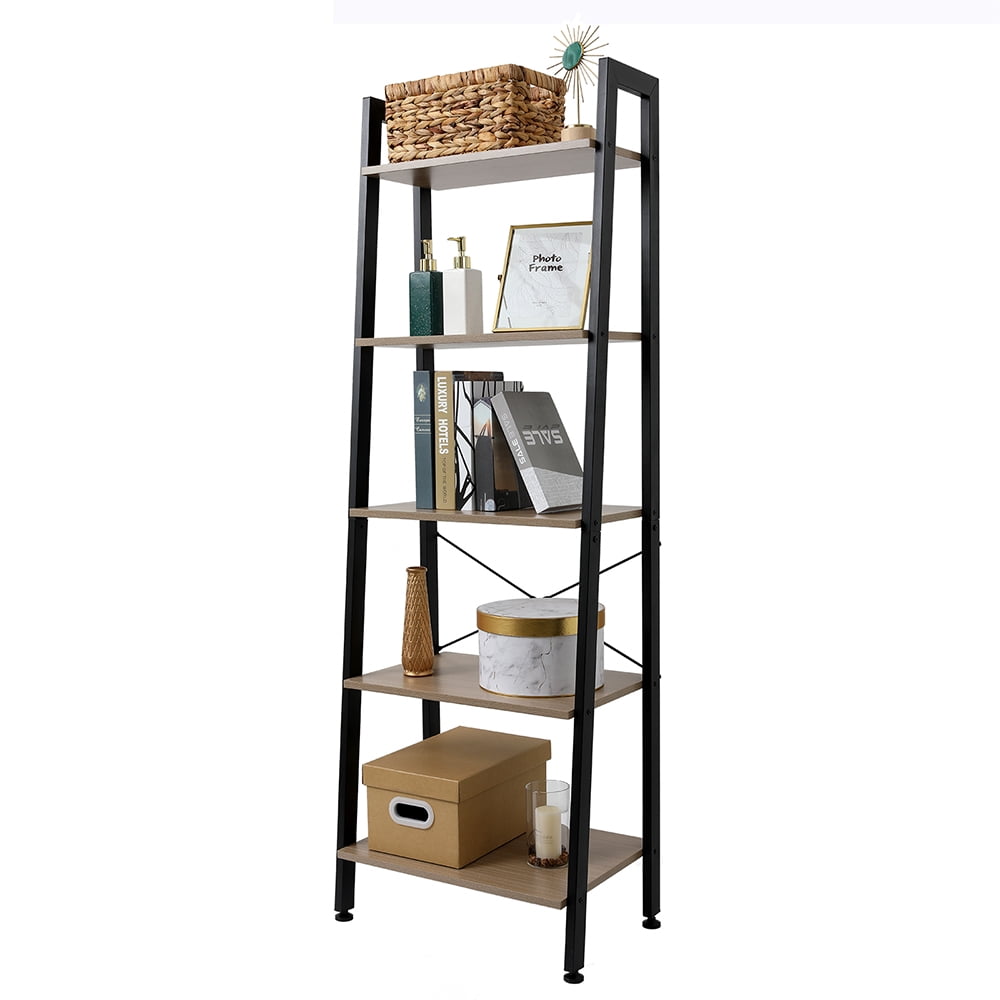 5 Tier Ladder Bookshelf, Ladder Shelf Industrial Bookcase Shelves
