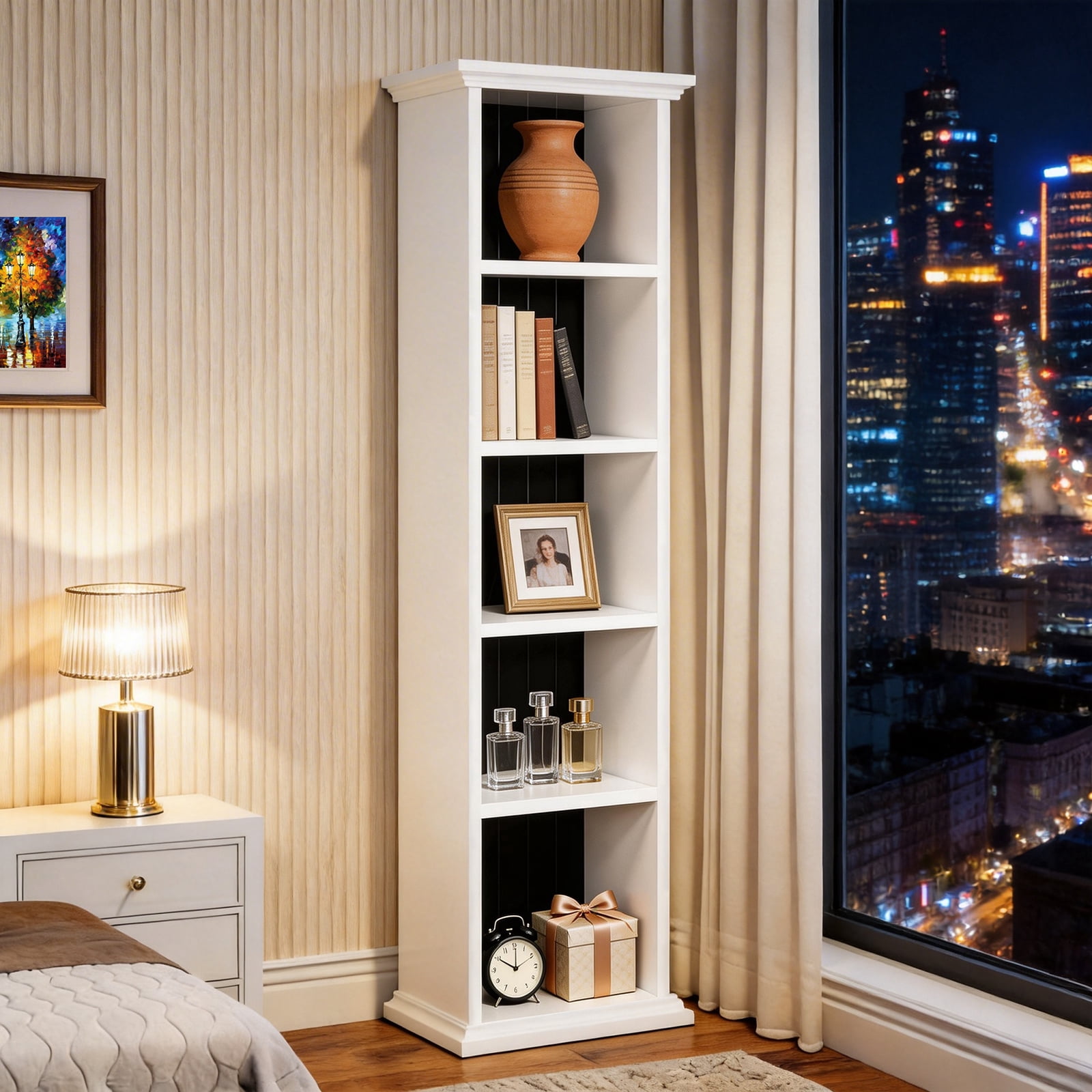 5-Tier Ladder Bookshelf White Frame with Black Back Panel, High Density MDF Graduated Step Display Storage Rack for Living Room Home Office Boutique
