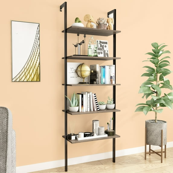 5 Tier Ladder Bookshelf w/ Metal Frame, Tall Bookcase Shelf Storage Organizer, Rustic Display Shelf Book Storage Flower Stand, Wall-Mounted Storage Shelf for Bedroom Living Room Home Office, T1715