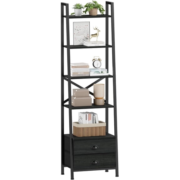 5-Tier Ladder Shelf with 2 Drawers,Narrow Bookshelf Storage Shelves,Industrial Bookcase Freestanding Rack Units for Bedroom,Living Room,Bathroom,Home Office,Balcony,Wood Metal