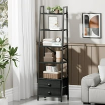 5-Tier Ladder Shelf with 2 Drawers,Narrow Bookshelf Storage Shelves,Industrial Bookcase Freestanding Rack Units for Bedroom,Living Room,Bathroom,Home Office,Balcony,Wood Metal, Black Oak