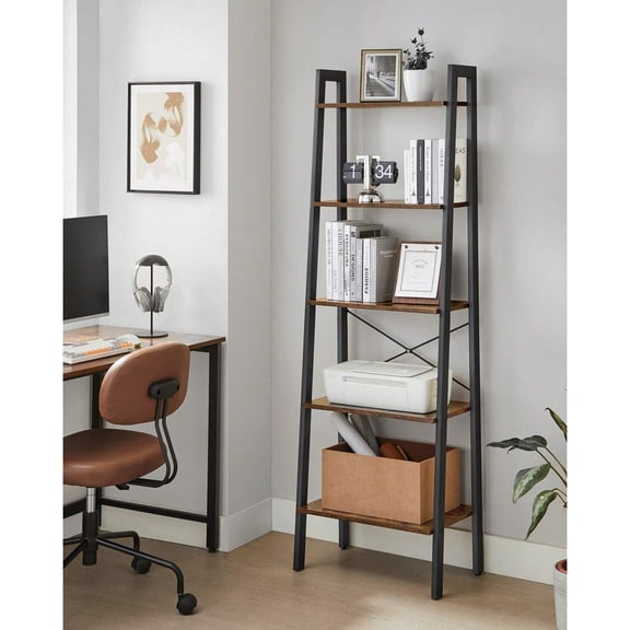 5-Tier Ladder Shelf/Bookcase, Industrial Style with Steel Frame, Multi-Purpose Storage Rack for Living Room, Home Office, Kitchen & Bedroom