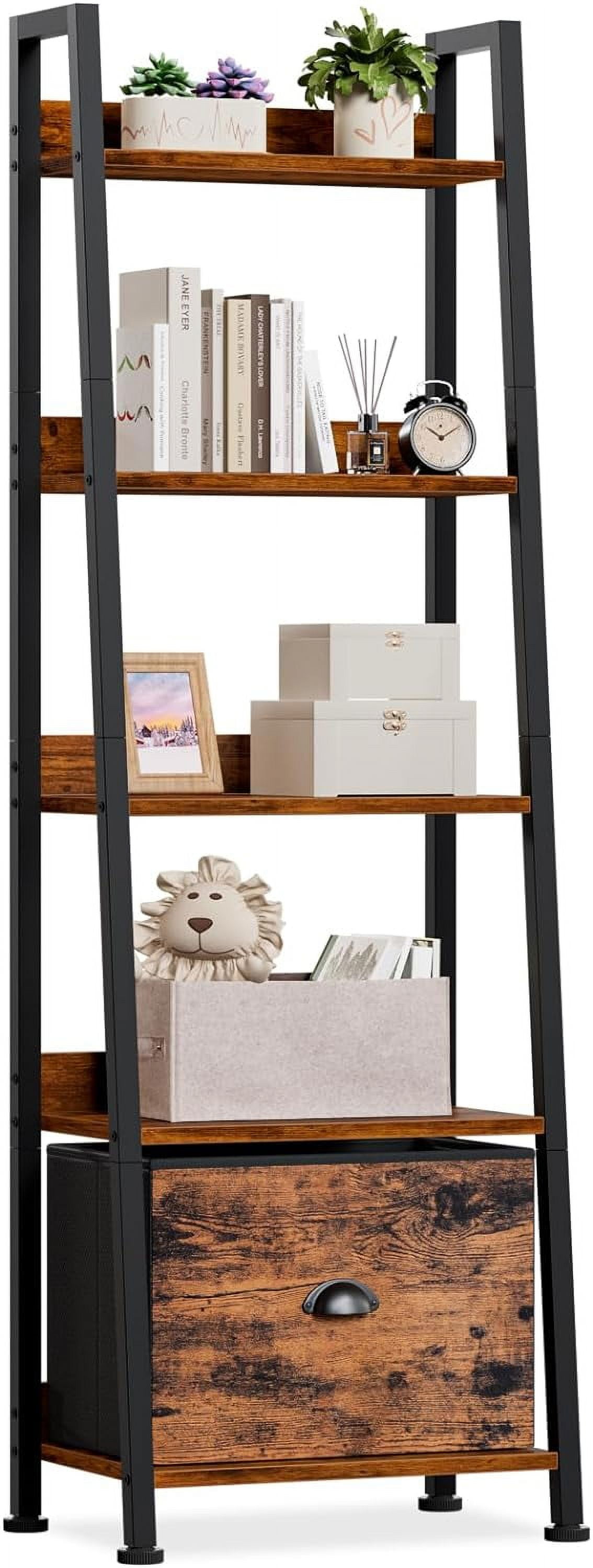 5-Tier Ladder Shelf, Ladder Bookshelf with Removable Drawer, Rustic ...