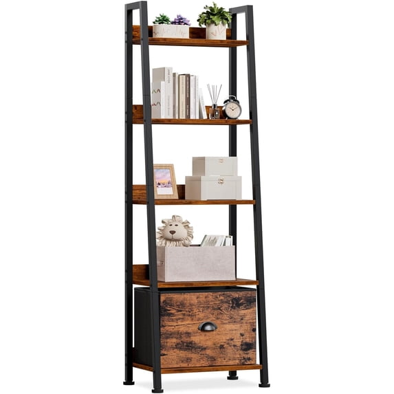 5-Tier Ladder Shelf, Bookshelf with Removable Drawer, Rustic Bookcase ...