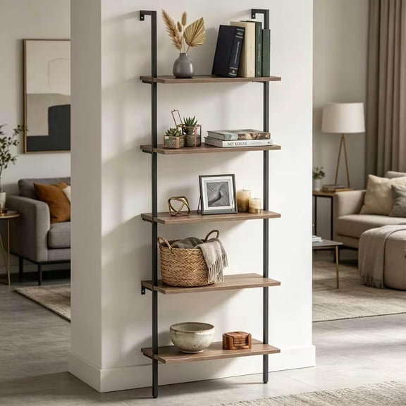 5-Tier Ladder Shelf Brown Wall-Mount Bookcase 23.6 Inches