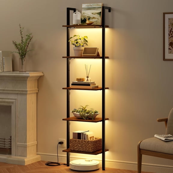 5-Tier Ladder Shelf with LED Light, Wall Mounted Ladder Bookshelf with Metal Frame, Wall Ladder Bookshelf for Living Room, Bedroom, Office, Rustic Brown
