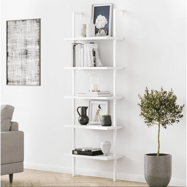 5 Tier Ladder Shelf Open Wall Mount Ladder Bookshelf Storage Organizer with Metal Frame for Bedroom Living Room Office
