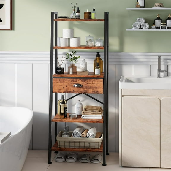 5 Tier Ladder Shelf, Tall and Narrow Bookshelf with Drawer,Standing Bookcase Units, Industrial Open Display Shelves Organizer for Bathroom,Kitchen,Bedroom,Living Room,Rustic Brown