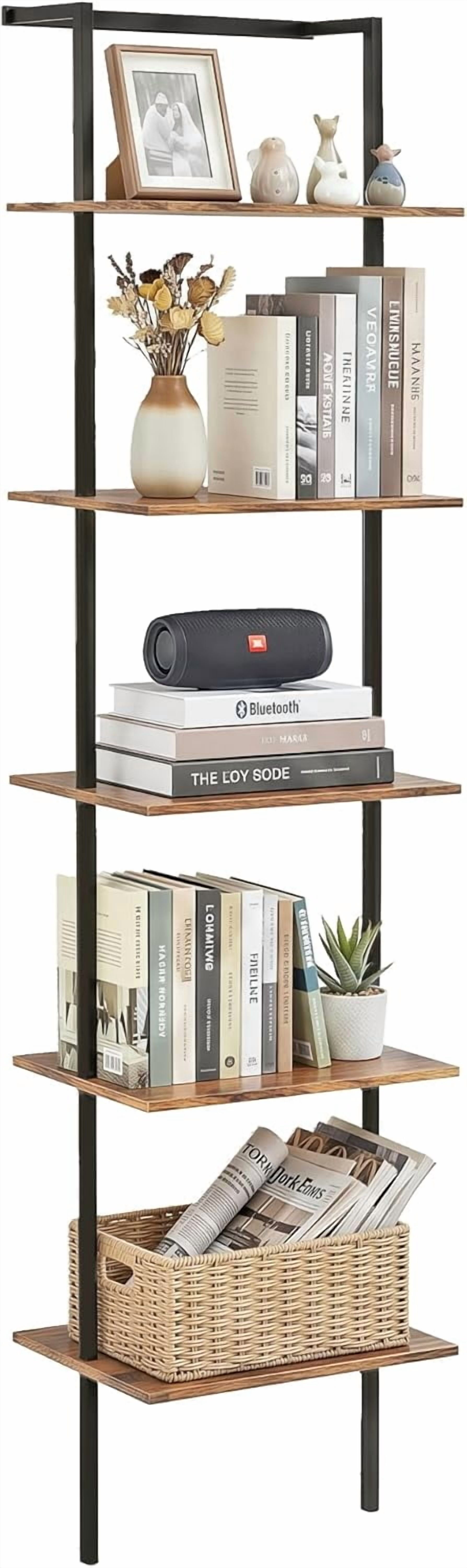 5-Tier Ladder Shelf, Wall Mounted Ladder Bookshelf with Metal Frame ...