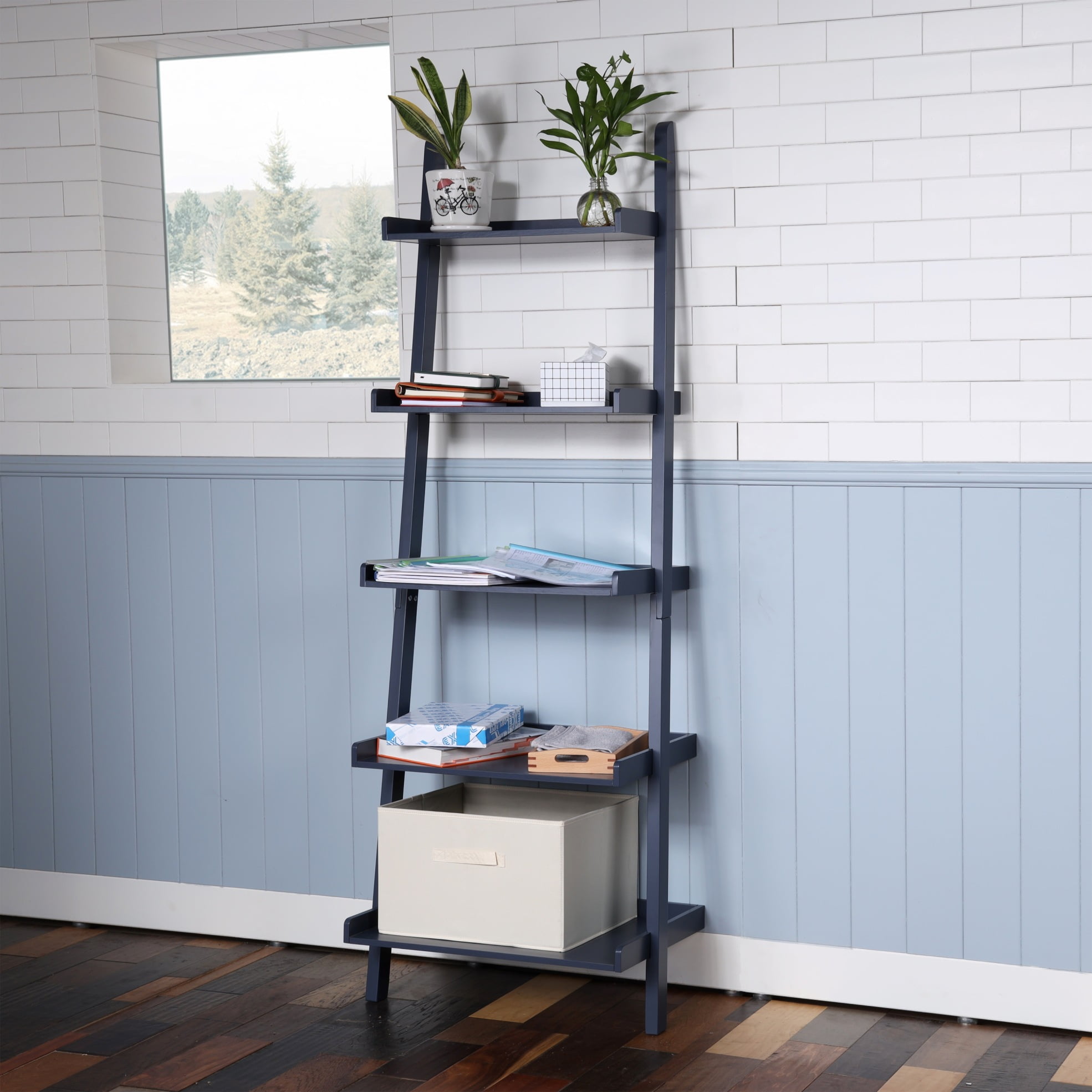 5 Tier Ladder Shelf,Wood Open Storage Shelves,Freestanding Ladder