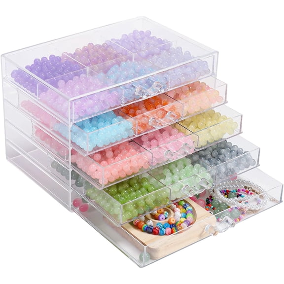 5-Tier Large Bead Organizer Box Acrylic Jewelry Storage w/ 5 Drawers 8.38"x5.63"x5.9" Inner Grids 2.6"x2.6" For Beads/Bracelet Making/Jewelry/Rocks/Buttons Stackable