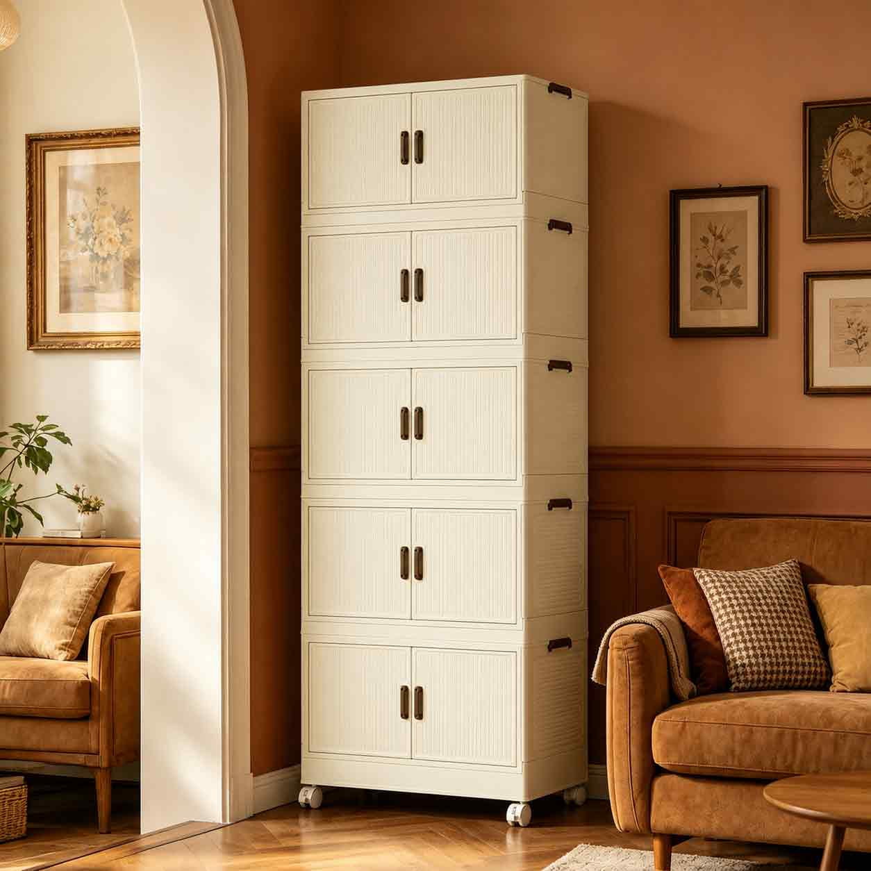 5 Tier Large Foldable Storage Cabinet with Wheels, Stackable Organizer Box for Kitchen Bathroom Bedroom Garage
