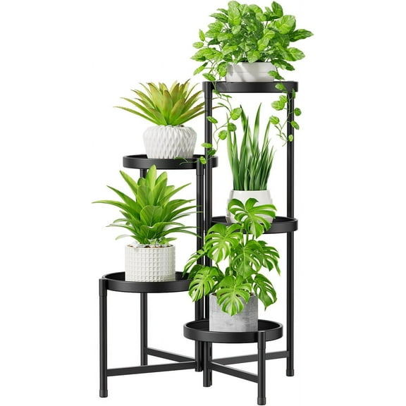 5 Tier Large Plant Stand Indoor, 10 Inch Wide Tall Corner Metal Plant Stands Outdoor for Multiple Plants, Folding Tiered Flower Display Holder Rack Shelf, Black