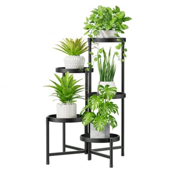 5 Tier Large Plant Stand Indoor, 10 Inch Wide Tall Corner Metal Plant Stands Outdoor for Multiple Plants, Folding Tiered Flower Display Holder Rack Shelf, Black