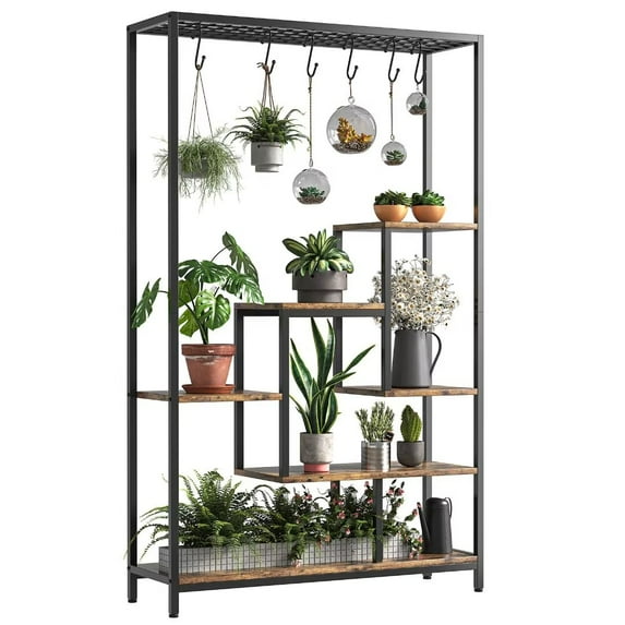 5-Tier Large Plant Stand Indoor, 70.9" Tall Metal Plant Shelf with Hanging Hooks, Multi-Purpose Display Rack Flower Bonsai Pots Organizer for Garden, Balcony, Living Room, Brown