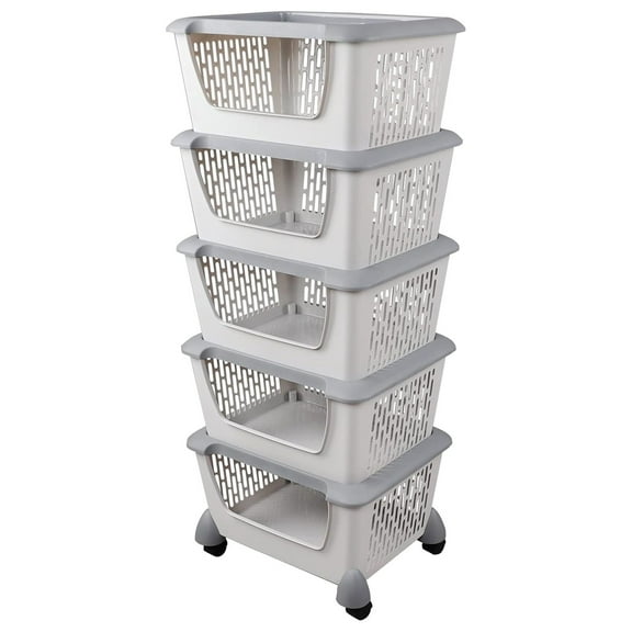 5 Tier Large Plastic Storage Stacking Basket/Bin on Wheels, Grey