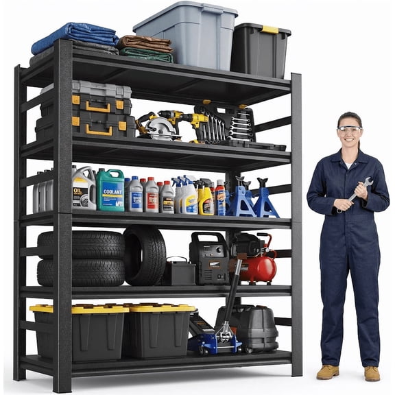 5-Tier Large Shelving Unit with Fence, 48“W Heavy-Duty Metal Garage Shelving, 3300 LBS Adjustable Industrial Storage Shelves for Garage, Warehouse, School, Commercial, Business
