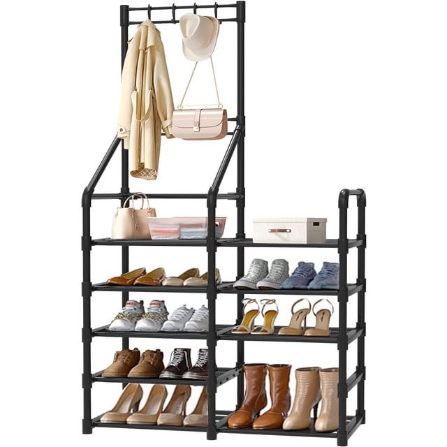 5-Tier Large Shoe Rack,Multifunctional Shoe and Coat Rack, Shoe Organizer with Hook Rack, Space-Saving Shoe Shelf for Entryway, Closet, Garage, Bedroom, Cloakroom