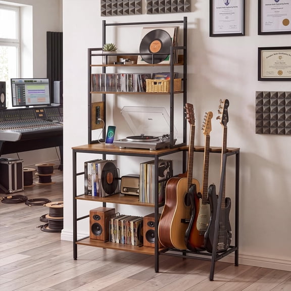 5-Tier Large Vinyl Record Player Stand with Guitar Stand & Charging Station | Vinyl Storage Shelf for Living Room, Music Corner, LP Album Organizer & Display Rack, Holds Up 500+ Albums, Rustic Brown