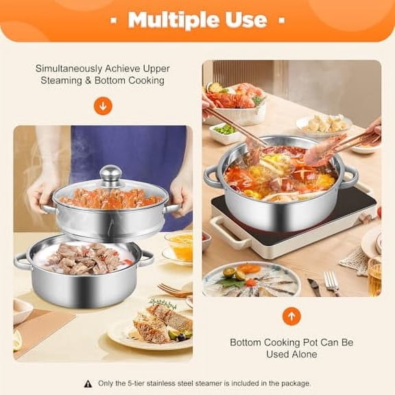 5 Tier Layer Stainless Steel Steamer Pot, 304 Food Grade Steel Multipurpose Steam Cookware Steaming Pot with Stackable Pan and Lid for Cooking Corn,Dumpling,Fish (Silver, 5 Tier - 26cm)