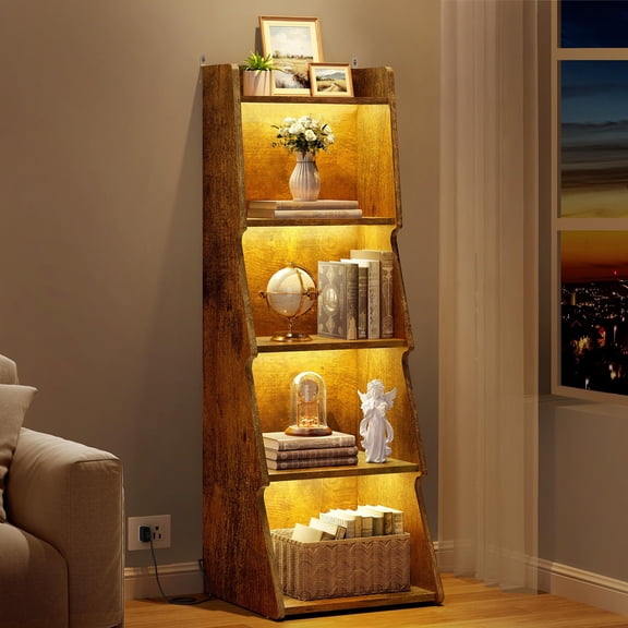 5-Tier Leaning Ladder Bookcase In Rustic Brown Finish With Integrated LED Lighting Floor Standing Display Shelf For Living Room Office