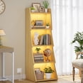 thumbnail image 1 of 5-Tier Leaning Ladder Bookcase With LED Light In Yellow Oak Finish Modern Floor Standing Display Storage For Home Office Living Room, 1 of 8