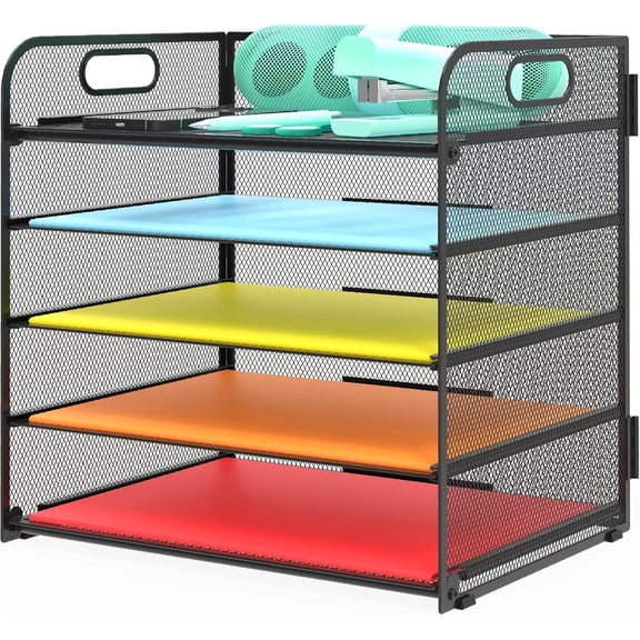 5 Tier Letter Tray Paper Organizer, Metal Desktop File Organizer with Handle, Document Holder Storage Rack for Office, Classroom, School Desk, Black