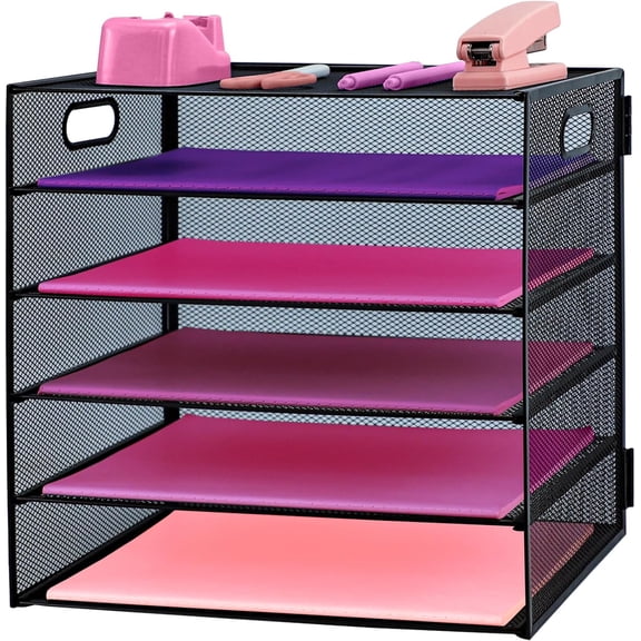 5 Tier Lettrer Tray Organizer, Metal Mesh Desk File Organizer with Sliding Trays, Paper Sorter Desk Organizer for Home Office School, Black