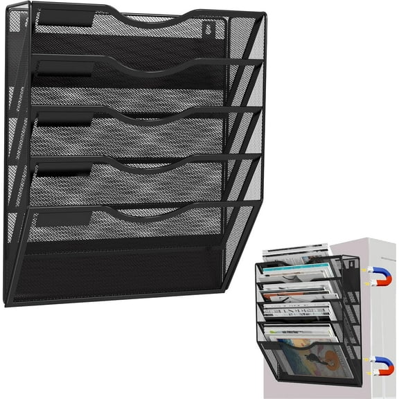 5-Tier Magnetic File Holder, No Drilling Installation File Cabinet Organizer, Black Magnetic File Organizer, Magazine Rack, Magnetic Paper Holder for Refrigerator, File Cabinets, Whiteboard