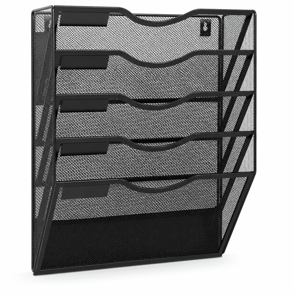 5-Tier Magnetic Wall File Organizer, Metal Mesh Hanging File Holder for Refrigerator File Cabinet Whiteboard, No Drilling Mail Paper Document Storage Rack, Black, 12x4x15 Inches