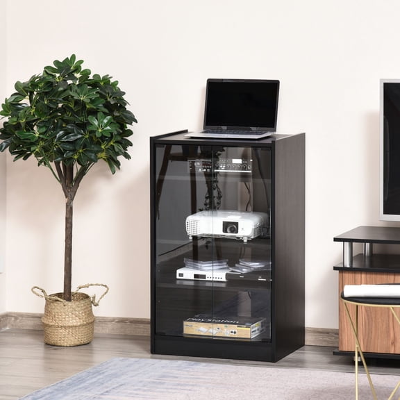 5-Tier Media Stand Cabinet with Adjustable Shelves, Tempered Glass Door for TV Gaming Consoles DVD Player Receiver, Black