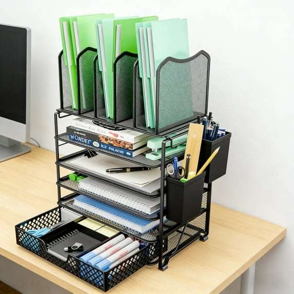 VETUZA 5-Tier Mesh Desk File Organizer - Black Metal Letter Tray, 32x32x5cm, Space Saving Paper Sorter