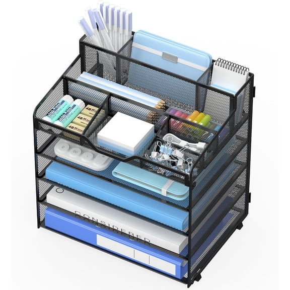 5 Tier Mesh Desk Organizer,Multi Functional Letter Paper Tray with 3 Pen Holders and 5 Adjustable Storage Compartments for Office Supplies Files and Mail Space Saving Desktop Organizer-Black