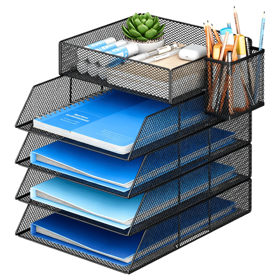 Marbrasse 5-Tier Mesh Desk Organizer with Pen HolderMetal Letter Tray Organizer, Paper Tray Organizer, Desktop File Sorter for Documents, Mail, Folders and Office Supplies, Black