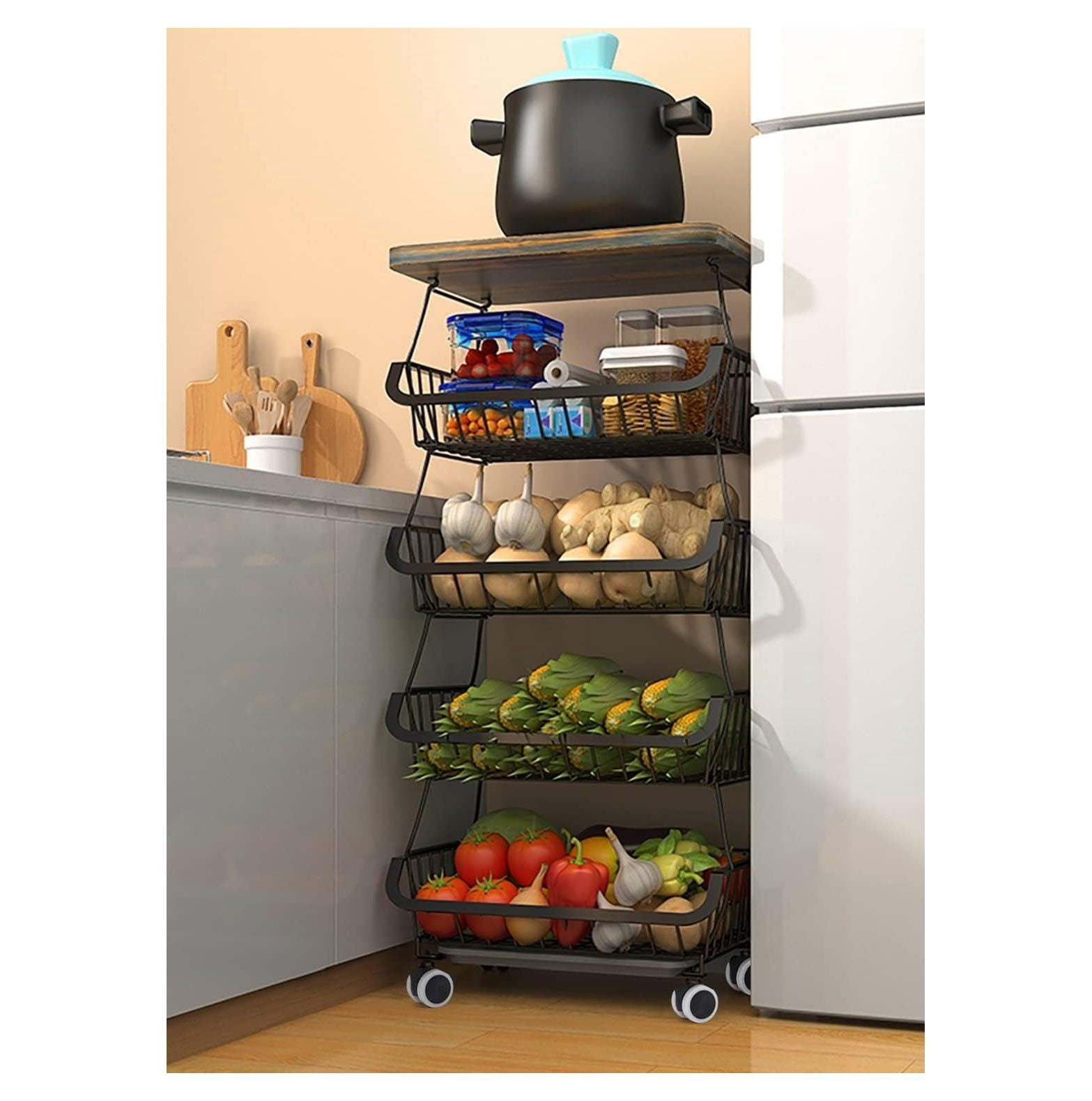 5 Tier Metal Basket Organizer with Wooden Table Top Metal Wire Baskets