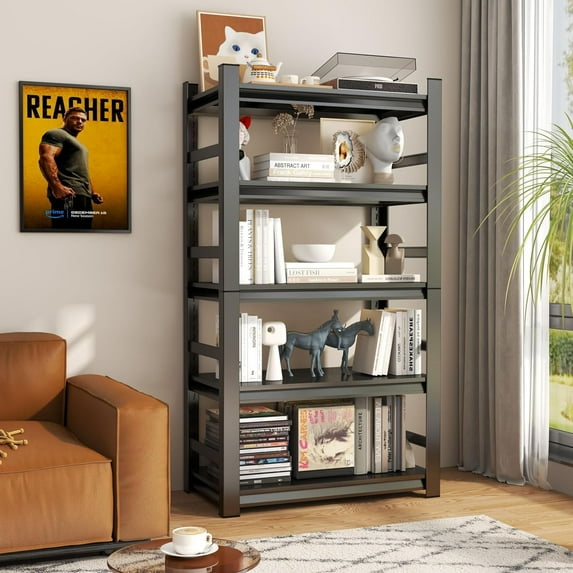 5-Tier Metal Book Shelf, Heavy Duty Storage Shelving Unit, Adjustable Standing Book Shelves for Living Room, Bedroom, Office, Black