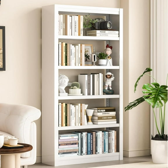 5 Tier Metal Bookcase,69'' Tall Heavy Duty Bookshelf with Open,White Large Adjustable Bookshelves,Sturdy Modern Heavy Duty Display Bookcases for Library,Office,Study Room,Living Room
