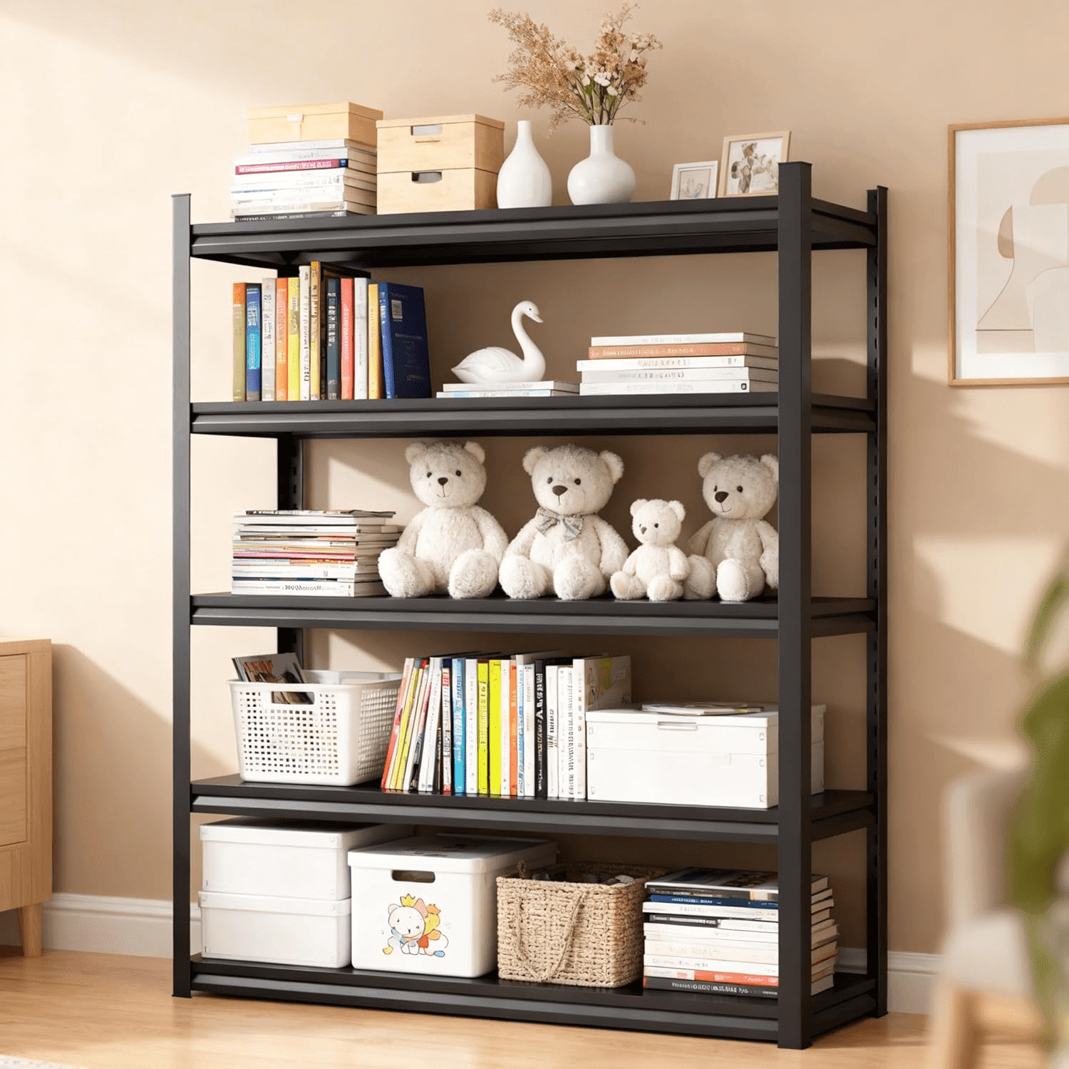 5-Tier Metal Bookshelf, 3000LBS Industrial Bookshelves, 72"H x 36"W Display Bookcase, Adjustable Bolt-Free Storage Shelves for Living Room, Bedroom, Garage, Kitchen, Black