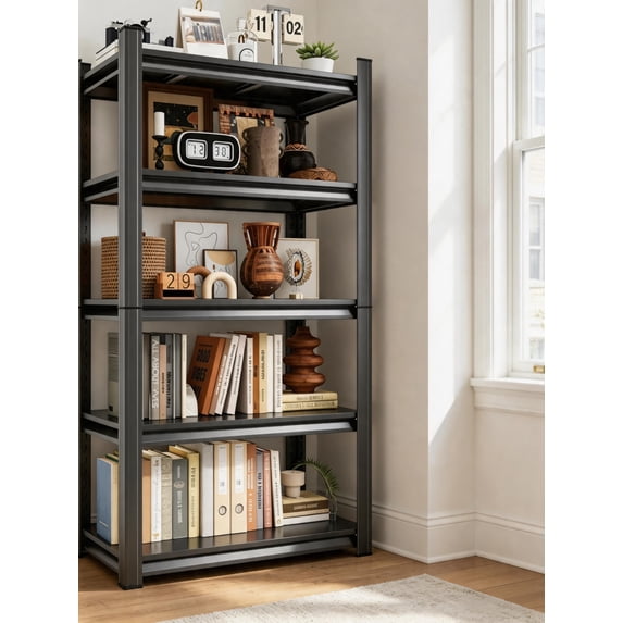 5 Tier Metal Bookshelf, 63"H Adjustable Tall Bookcase, 2500LBS Heavy Duty Deep Book Shelf, Industrial Black Wide Bookshelf, Modern Bolt-Free 5 Shelf Book Shelves for Bedroom, Living Room, Library