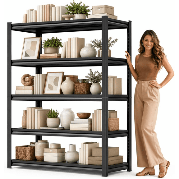 5 Tier Metal Bookshelf, 72"H Garage Shelving, 40"W Adjustable Storage Shelves, 1500LBS Heavy Duty Deep Book Shelf, Industrial Black Shelf, Modern Bolt-Free Rack Shelves for Home Garage Office