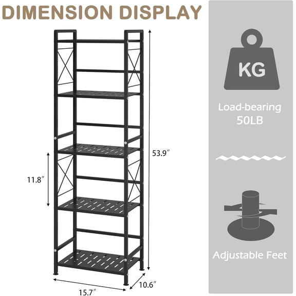 5 Tier Metal Bookshelf Bathroom Storage Standing Shelf Unit Kitchen Storage Organizer Display Rack Bookcases Shelves for Living Room, Bedroom, Office (Widen Black, 5 Tier)