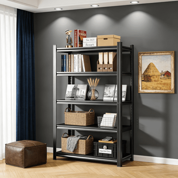 5-Tier Metal Bookshelf, Floor Standing Storage Unit with Adjustable Shelves, Suitable for Displaying Books, Exhibits and Storage Boxes, Ideal for Living Rooms, Bedrooms, Offices, Garages