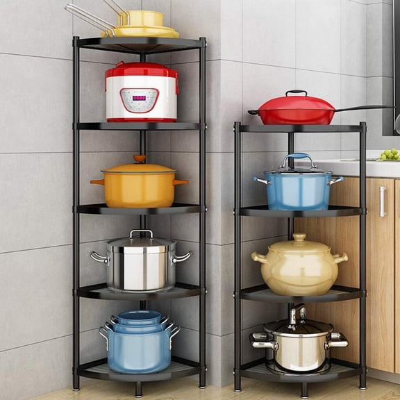 5-Tier Metal Corner Shelf, Black Carbon Steel Kitchen Corner Shelf Pot Storage Rack for Home Office Kitchen Organizer