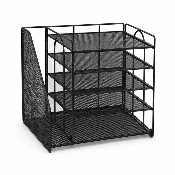 HFXLIVING Powder-Coated Steel 6-Compartment Desk File Organizer with Paper Trays and Side File Holder, Black