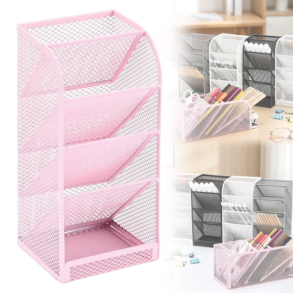 5-Tier Metal Mesh Desk Organizer, 8.04*3.74 Inch Multi-Layer Stationery Holder, Desktop Pen Storage & Makeup Brushes Organizer, Cosmetic Organizer, Office Caddy Storage for Writing Utensils, Pink