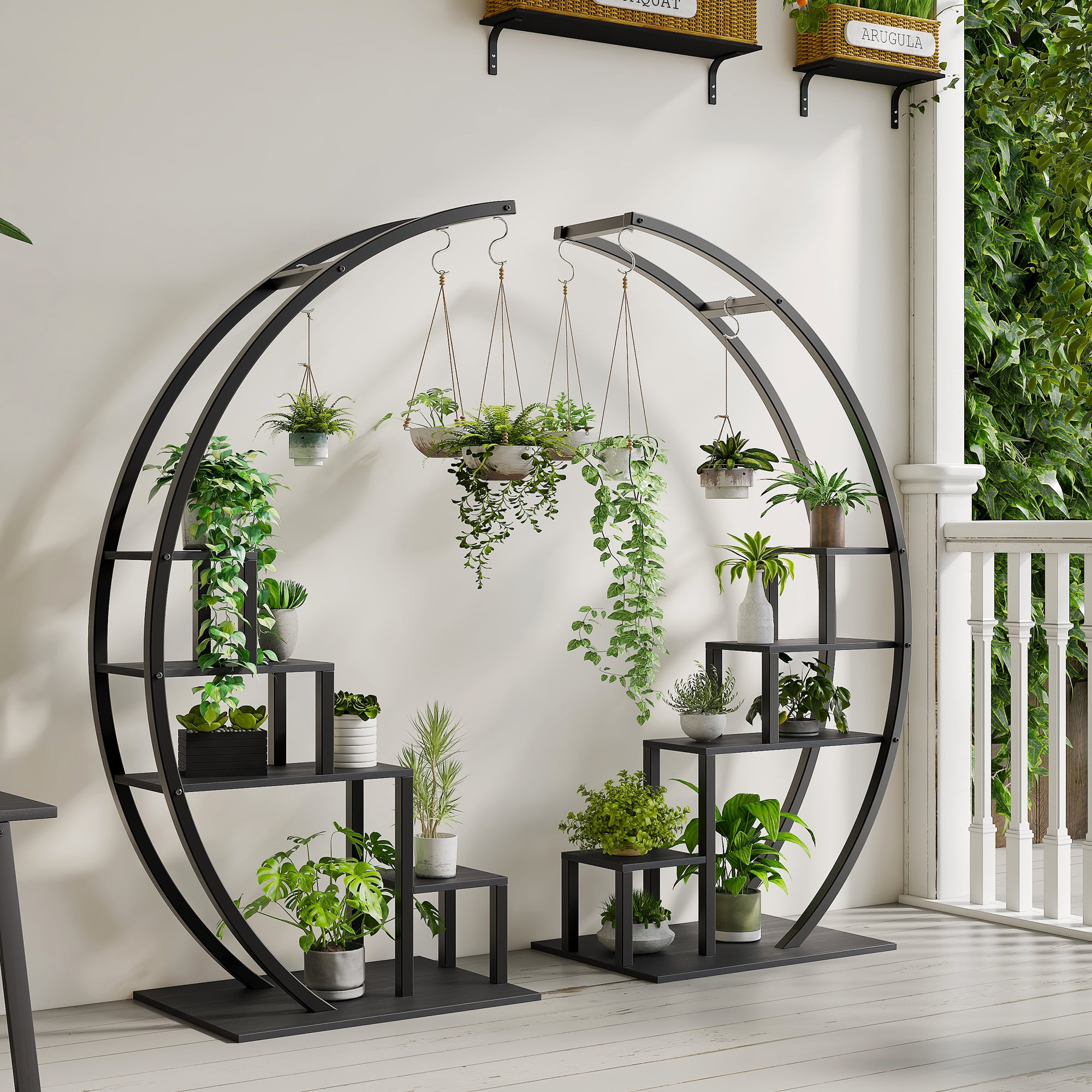 5 Tier Metal Metal Plant Stand with 6 Hooks Half Moon Shape Ladder ...