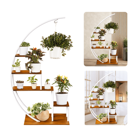 5 Tier Metal Plant Stand 58 in. - Half Moon Shape Ladder Flower Pot - White