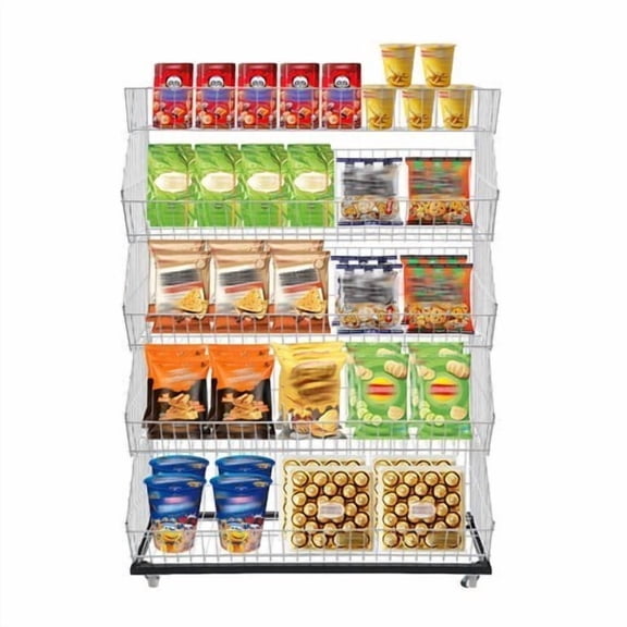 5-Tier Metal Retail Display Rack Wire Storage Shelf Display Rack with Wheels Basket Stand Cart Stand Snack Candy Display Organizer Snack Rack for Home,Store (White, 35x17x54)