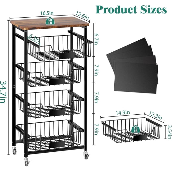 5-Tier Metal Rolling Storage Cart with Wood Top & Pull Out Baskets for Kitchen, Living Room, Office
