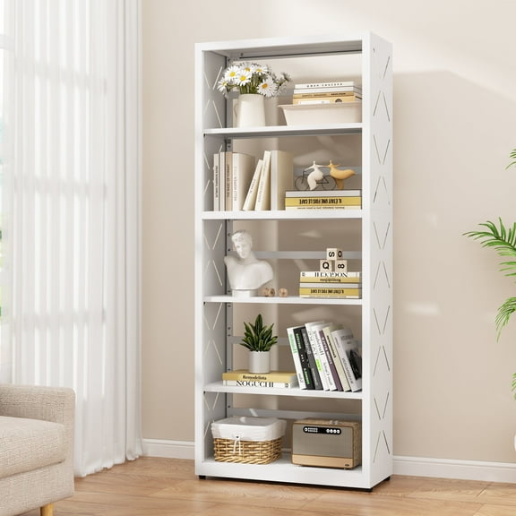 Polup 5-Tier Metal Bookcase, KJSJ-5C-23W, Industrial, Adjustable Freestanding, Scratch-Resistant, White, 55in H x 23in W x 10in D